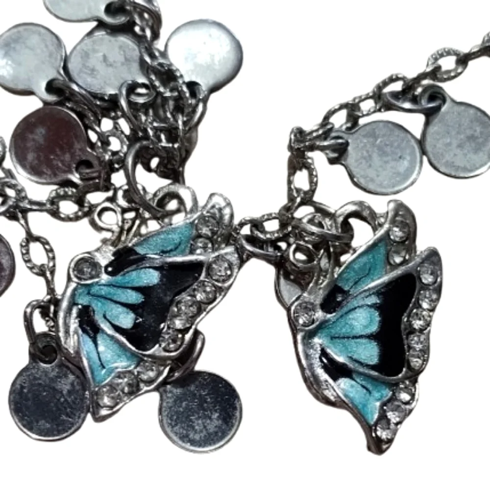 Elegant Silver and Blue Rhinestone Butterfly & Green Flip-flop Charm Bracelet